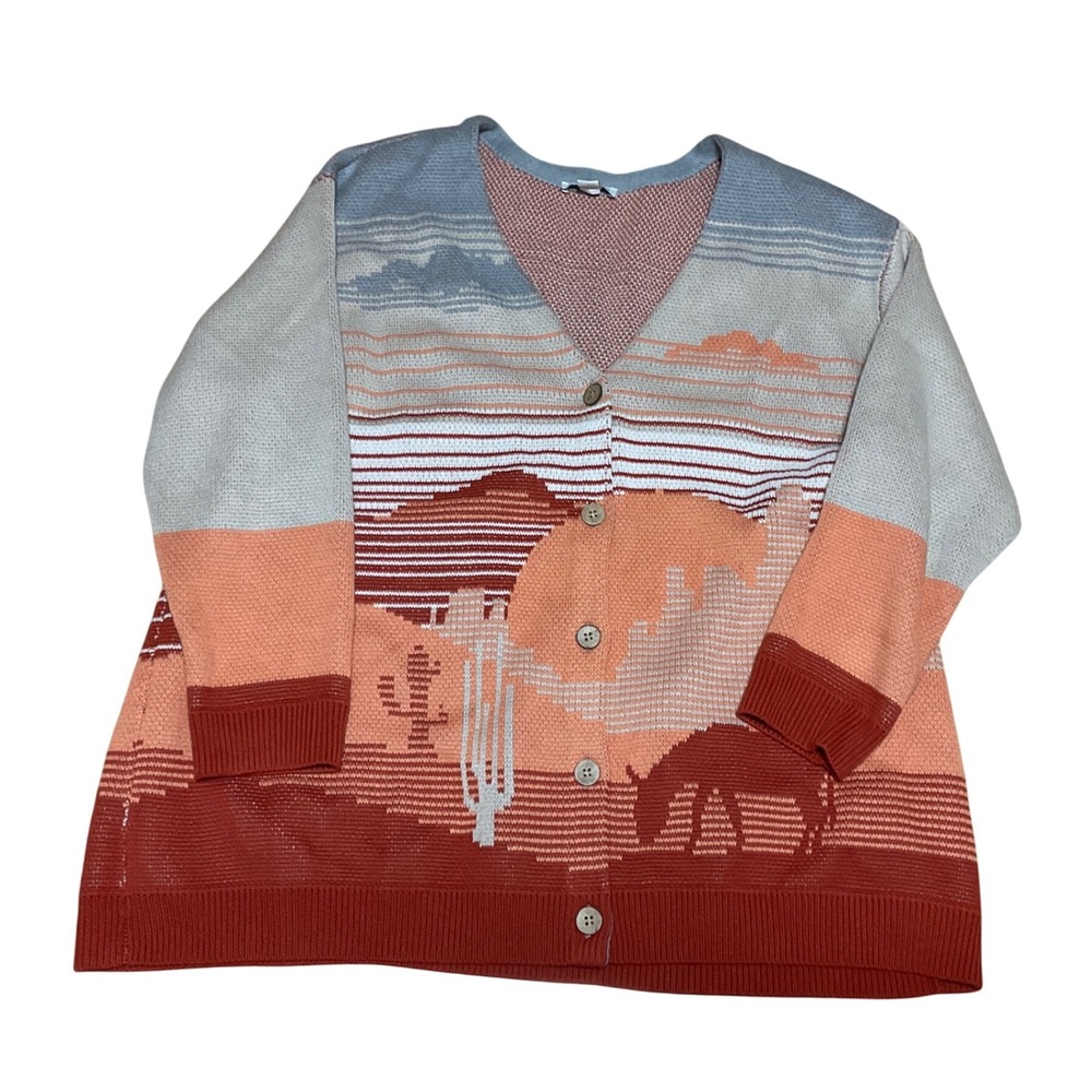 Women’s Colorblock Desert Motif Button-Up Sweater Cardigan - Rust & Coral